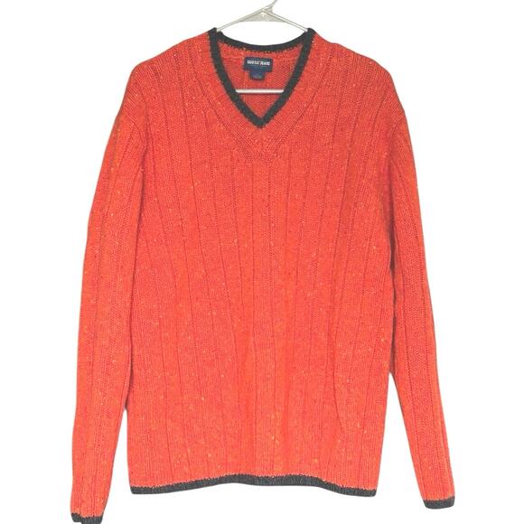 GUESS 100% Wool Black Trim V-Neck Pullover‎ Sweater in Red-Size XL - Picture 1 of 5